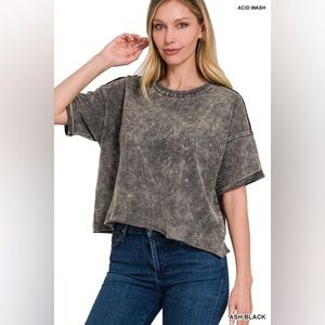 NWOT Zenana French Terry Washed Raw Edge Short Sleeve Crop Top